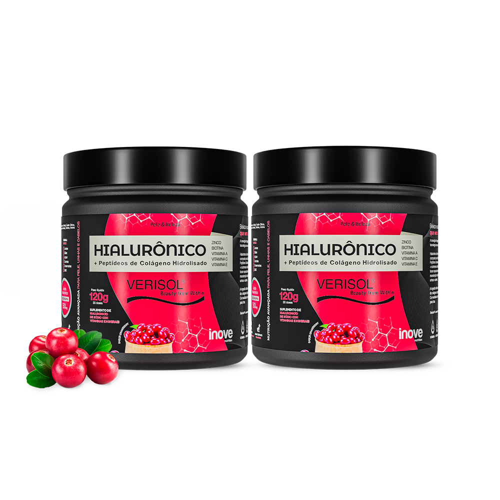 Kit Colágeno Verisol + Ácido Hialurônico - 2 Potes c/ 120g cada Sabor Cranberry - Ganhe 2 Brindes Exclusivos Inove Nutrition