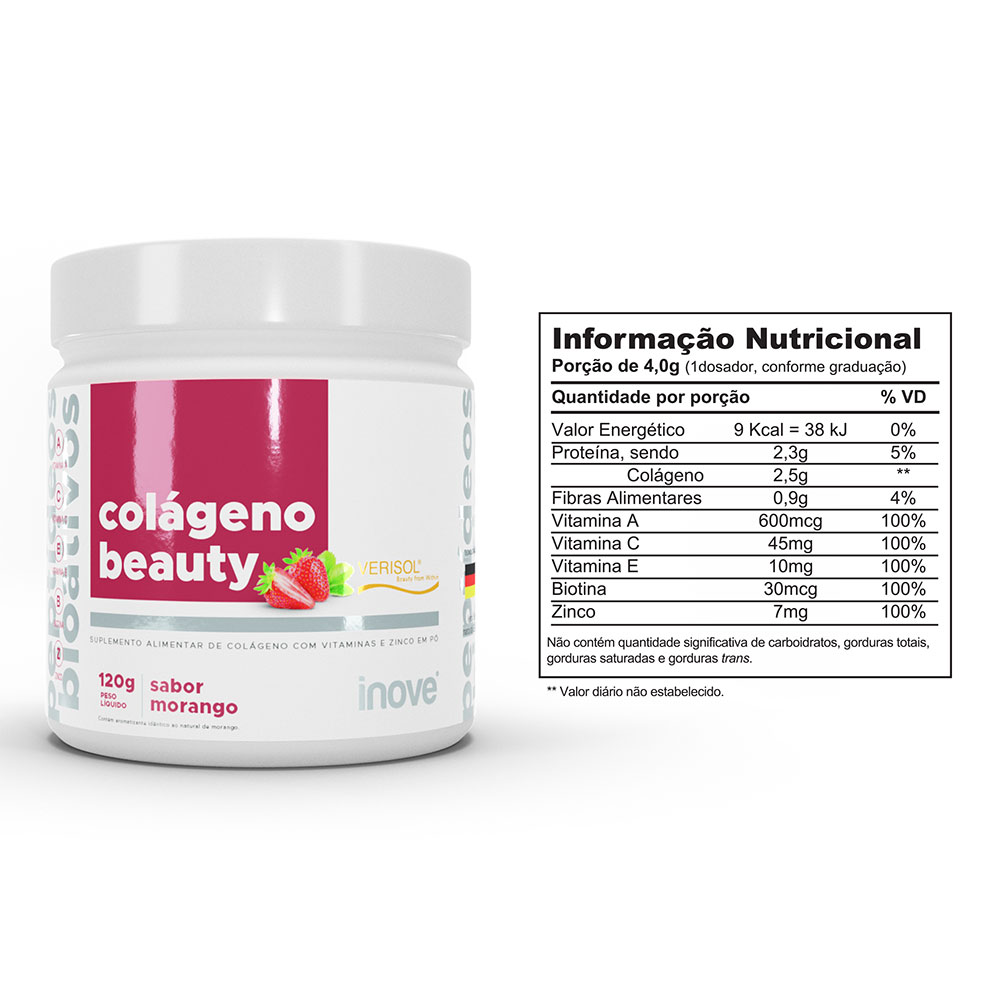 Kit 03 Colágeno Beauty Verisol c/ Vitaminas e Zinco c/ 120g cada pote - Sabor Morango - Ganhe 1 Copo c/ Canudo Inove Nut