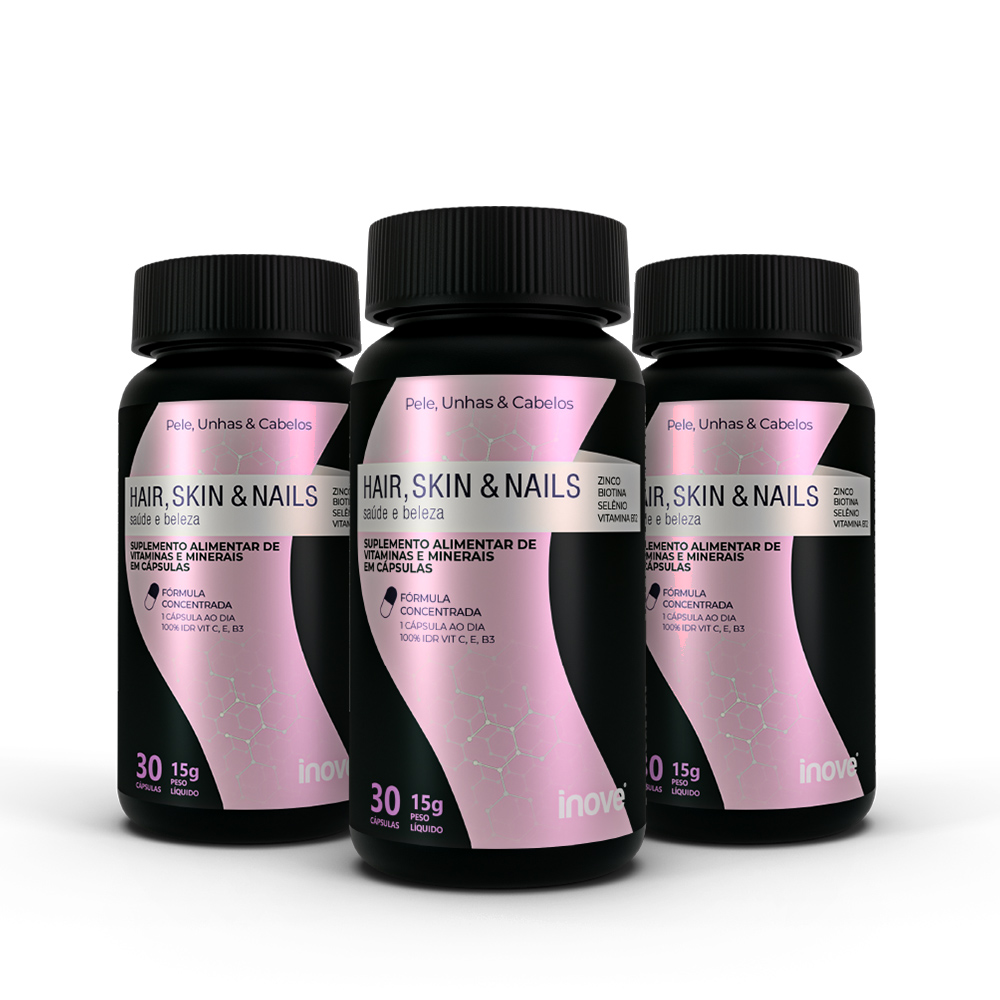 Kit 03 Hair Skin & Nails - 30 cápsulas - Ganhe 1 Copo c/ Canudo Inove Nutrition