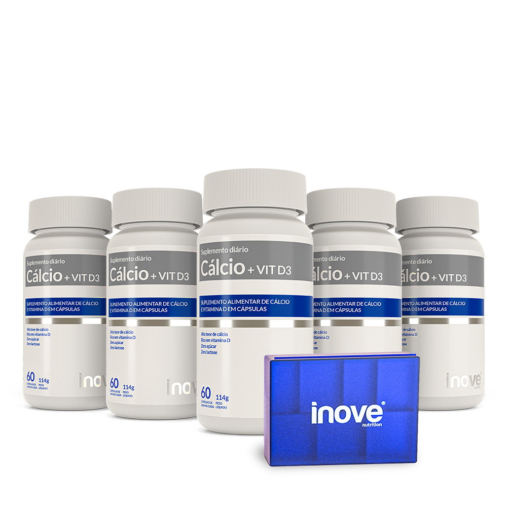 Kit 05 Cálcio + Vitamina D3 - 60 caps. cada - Ganhe 1 Porta Cápsulas Semanal Inove Nutrition