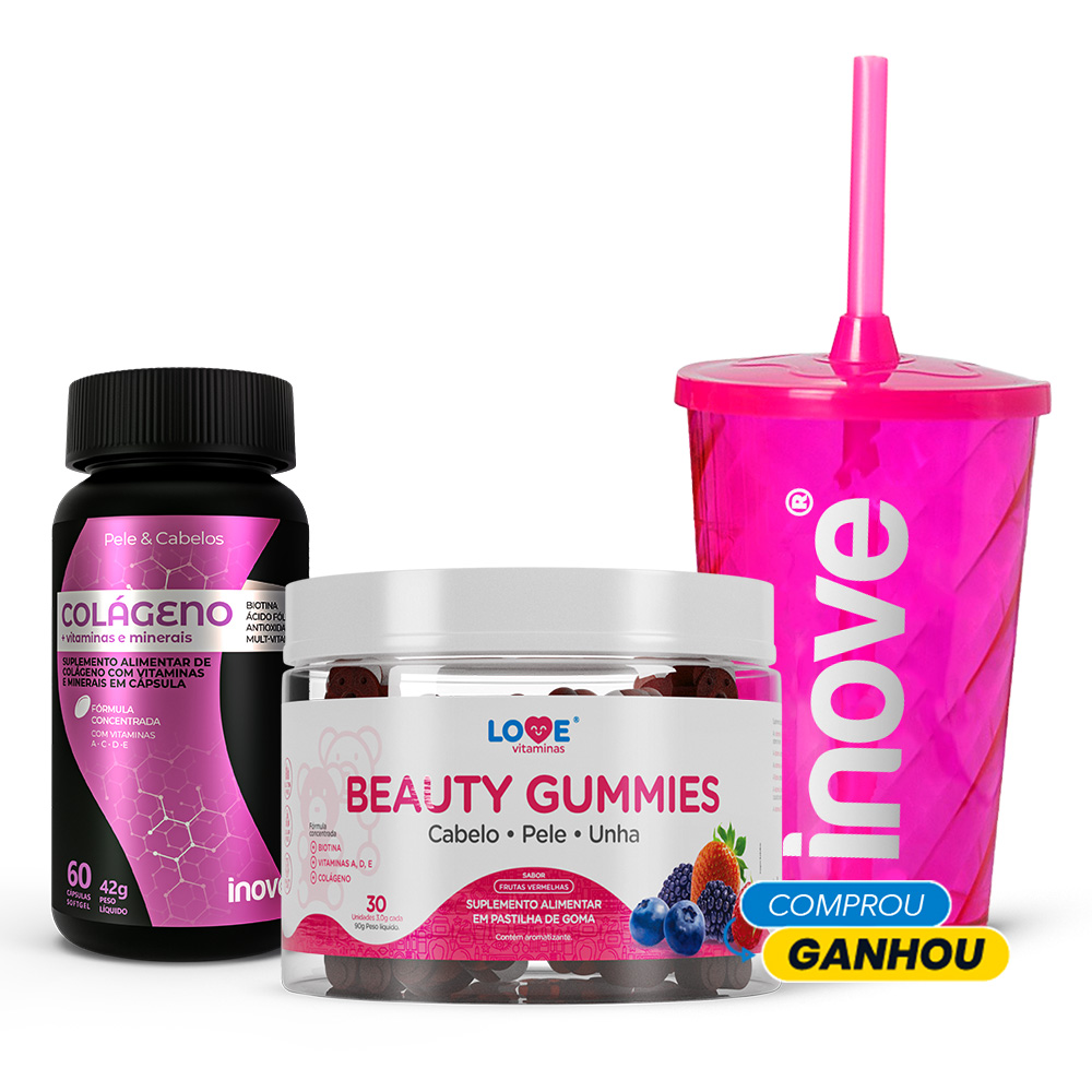 Kit Beauty Gummies + Colágeno + Vitaminas e Minerais - Ganhe 1 Copo c/Canudo Inove Nutrition