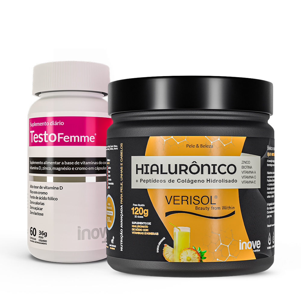 Kit Beauty: Colágeno Verisol + Ácido Hialurônico 120g + Testofemme - Ganhe 1 Faixa Skin Care Inove Nutrition