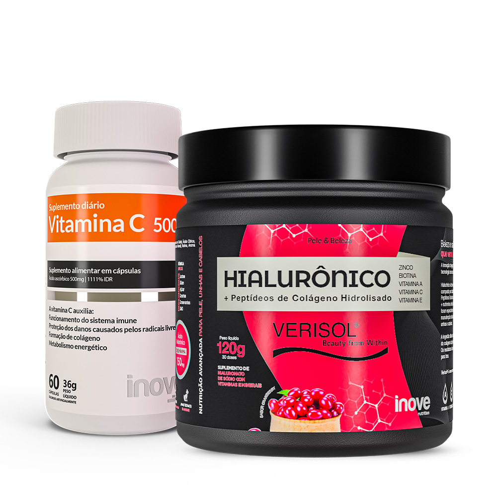 Kit Colágeno Verisol + Ácido Hialurônico 120g + Vitamina C 60 cápsulas - Ganhe 1 Faixa Skin Care Inove Nutrition