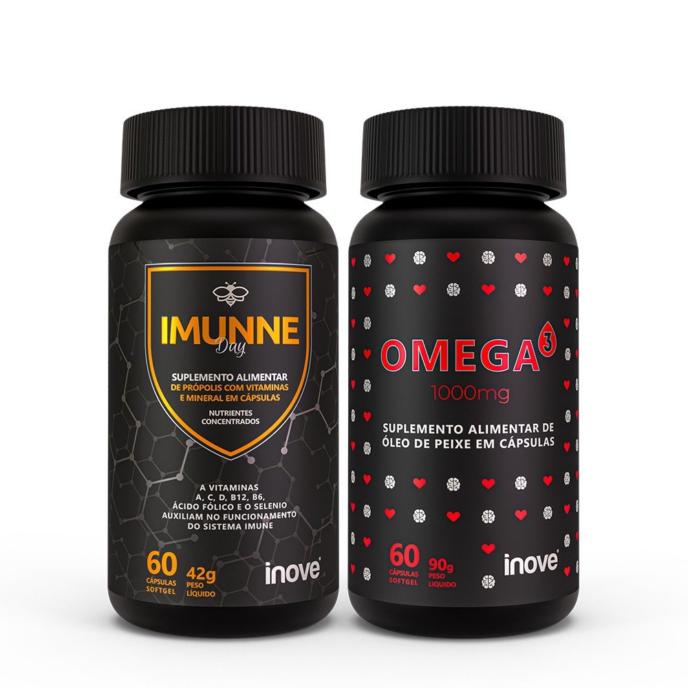 Kit Imunne Day Própolis com Vitaminas e Mineral + Omega 3 1000mg - Ganhe 1 Porta Cápsulas Inove Nutrition