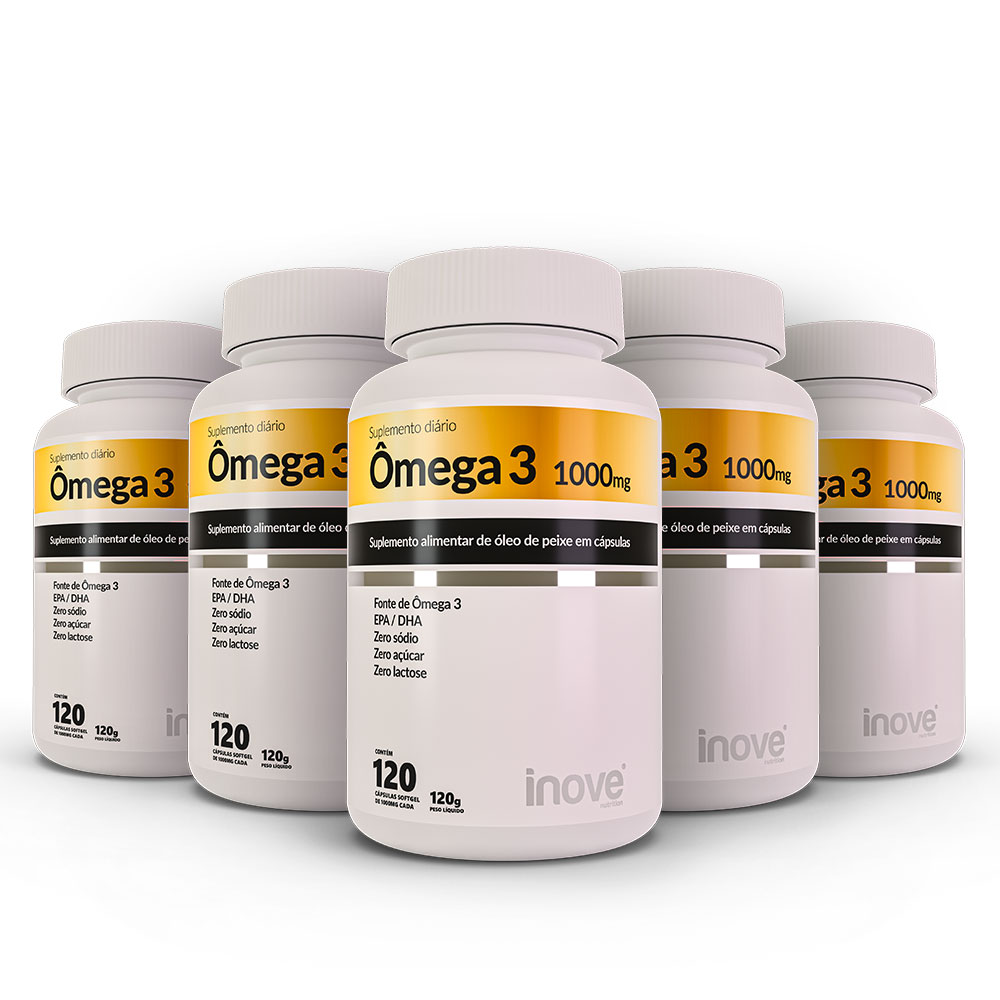 Kit Ômega 3 1000mg dose EPA/DHA - 5 potes c/ 120 cápsulas cada - Ganhe 1 Porta Cápsulas Inove Nutrition®