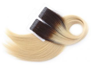 Mega Hair Fita Adesiva Cabelo Humano Premium  Loiro Esfumado com Castanho - 20 peças 45cm 40g