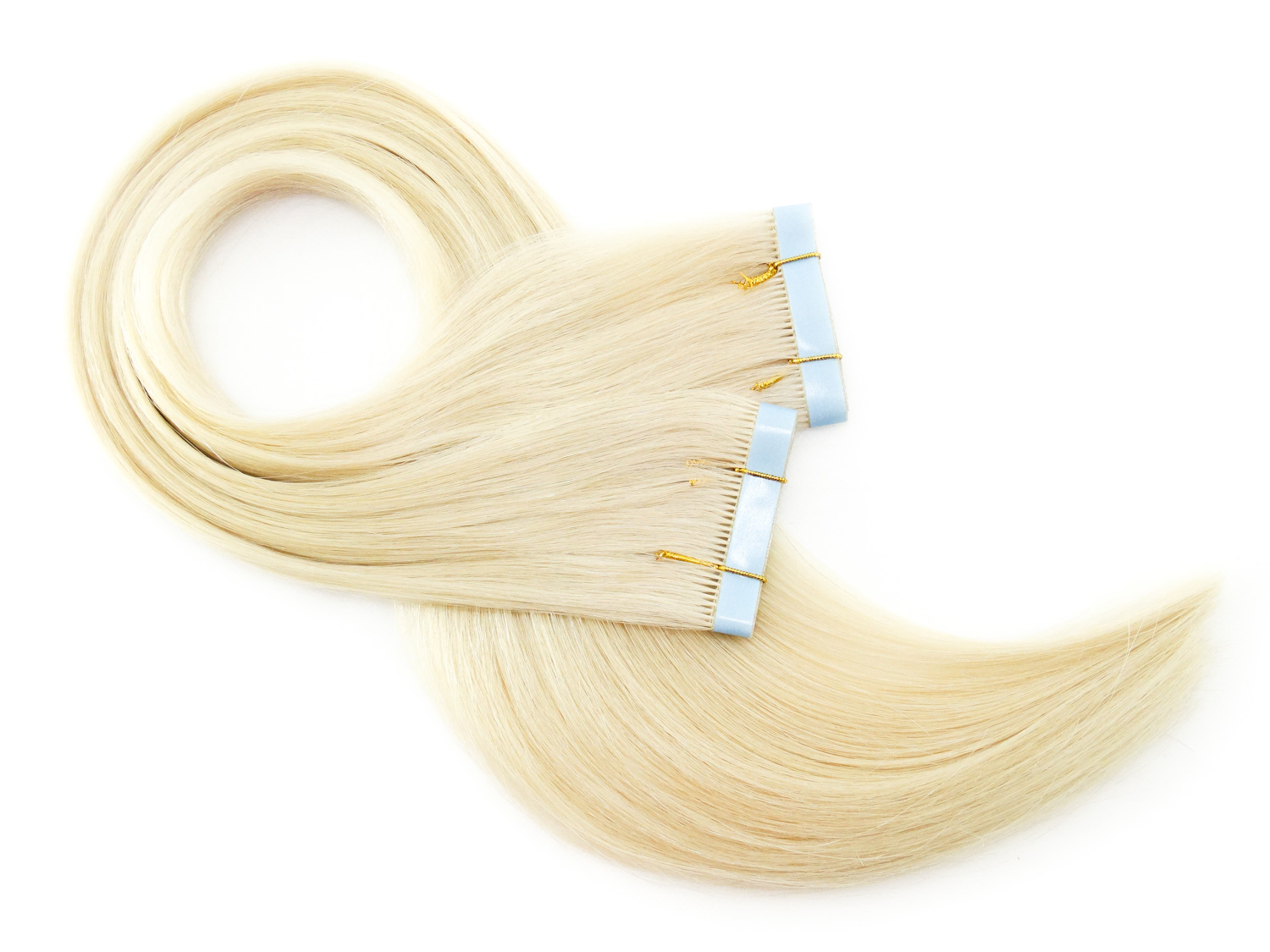 Duas Faixas Mega Hair Fita Adesiva Cabelo Humano Premium Loiro Platinado - 65cm 60g