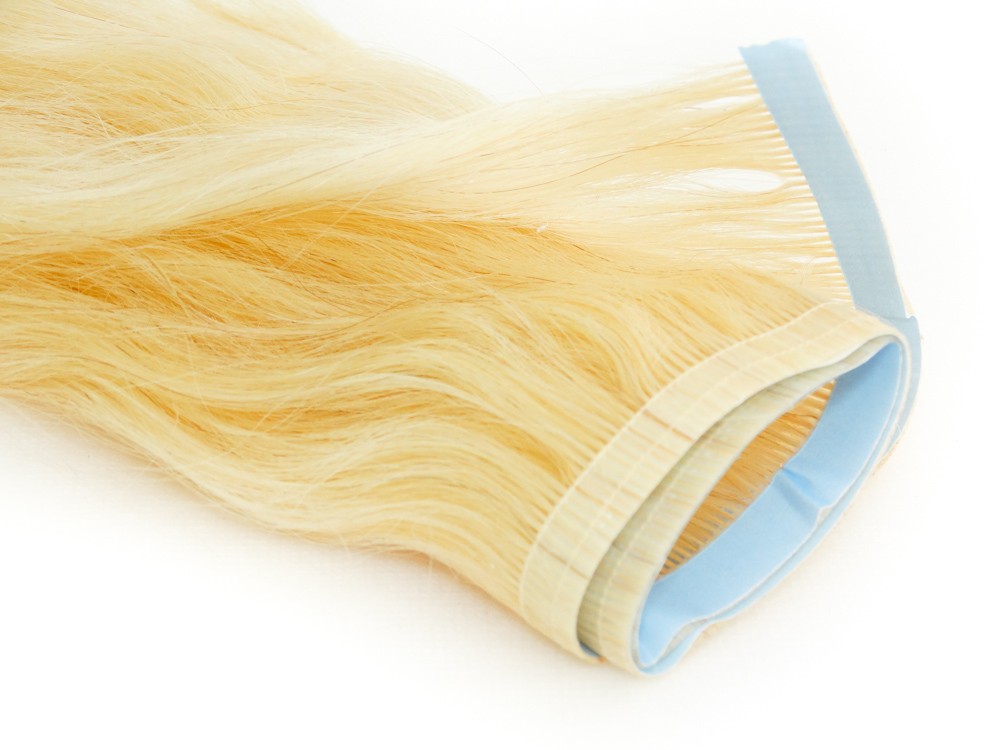 Faixa Mega Hair Fita Adesiva Cabelo Humano Gold Loiro Platinado Ondulado - 35cm 15g
