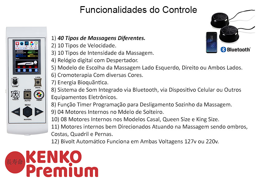 Colchão Magnético Casal 1,38x1,88x30 cm Kenko Premium Gold C/ Massageador Bioquãntico + Cromoterapia Linha Exportação  - Kenko Premium Colchões