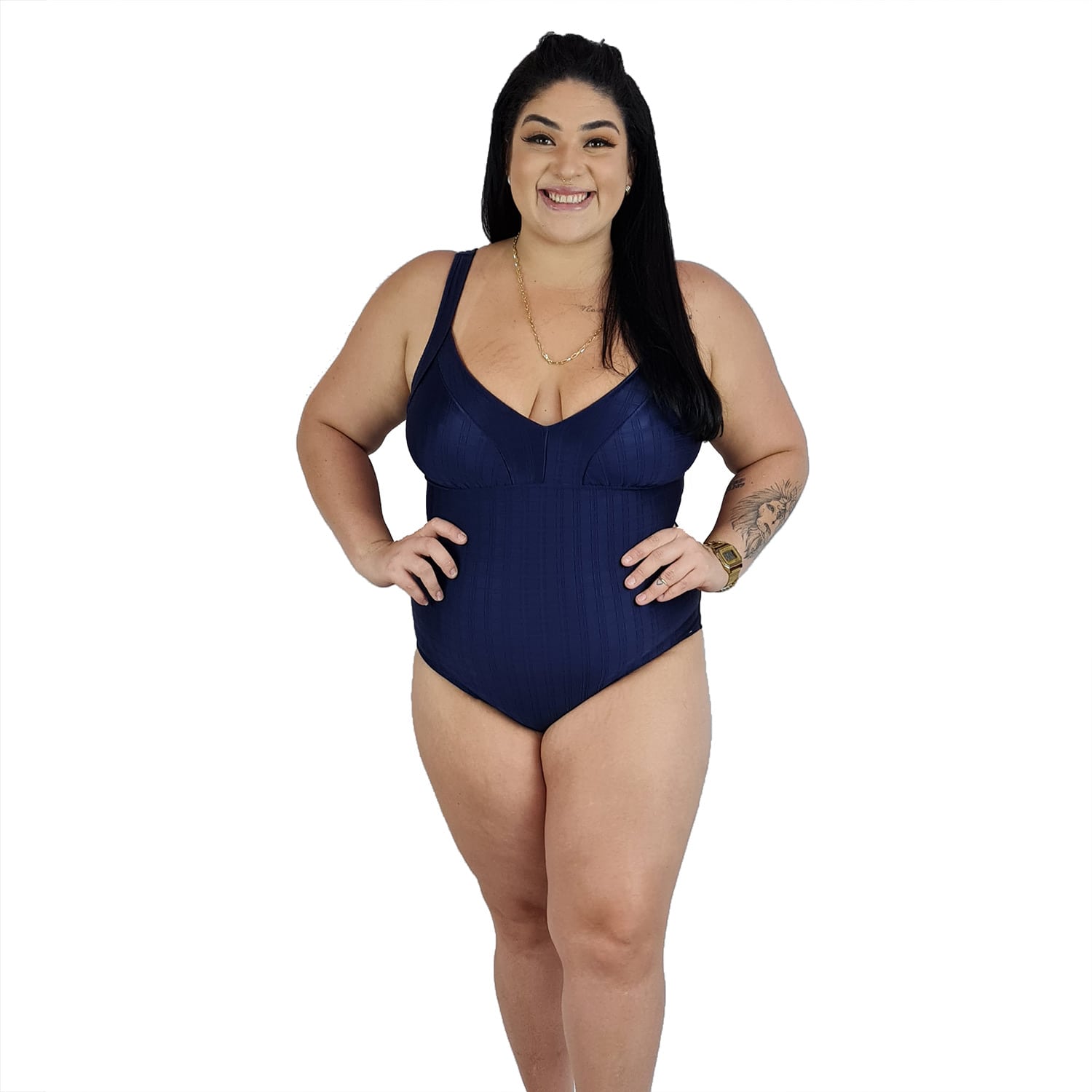 Maiô Body Plus Size com Alças Largas e Recort no Busto Azul Trabalhado