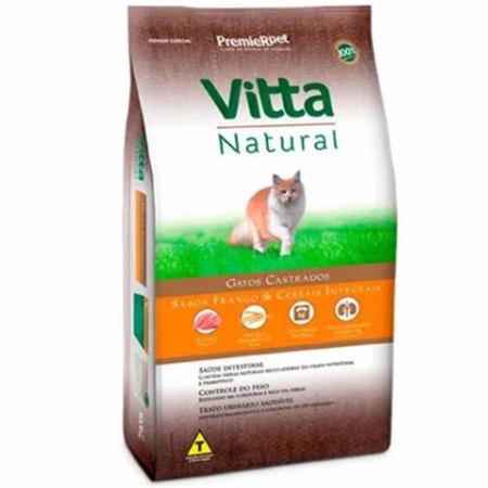 Ração Premier Vitta Natural Sabor Frango e Cereais Integrais para Gatos Castrados