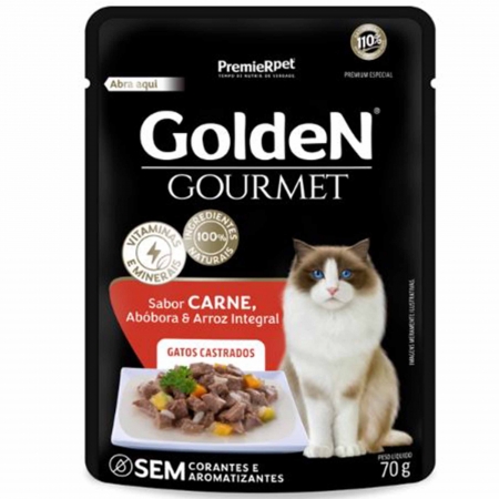Ração Úmida Golden Gourmet Sabor Carne para Gatos Castrados 70g