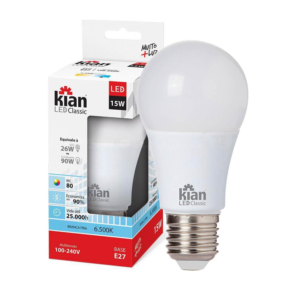 Lâmpada LED Bulbo Luz Branca 15W 6.500k Bivolt - Kian