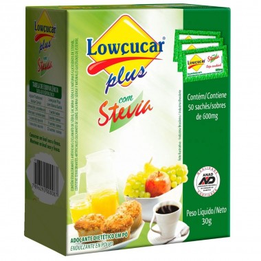 Adoçante Dietético C/ Stevia Em Pó 50 Sachês 600mg - Lowçucar Plus