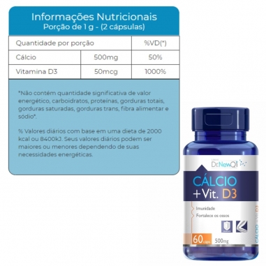 Cálcio + Vitamina D3 60 cápsulas 500mg - Upnutri Dr. New Qi