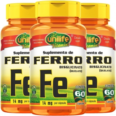 Kit 3 Ferro Quelato Fe 500mg 60 Cáps - Unilife 