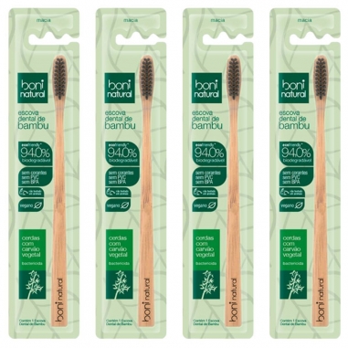 Kit 4 Escova Dental Natural Vegana Bamboo e Cerdas de Carvão Boni