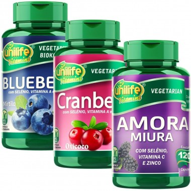 Kit Polifenóis - Amora Miura + Blueberry + Cranberry - Unilife 120 Cápsulas