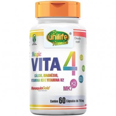 VITA 4 - Cálcio, Magnésio, Vitamina D3 E K2 60 Cápsulas 710mg - Unilife