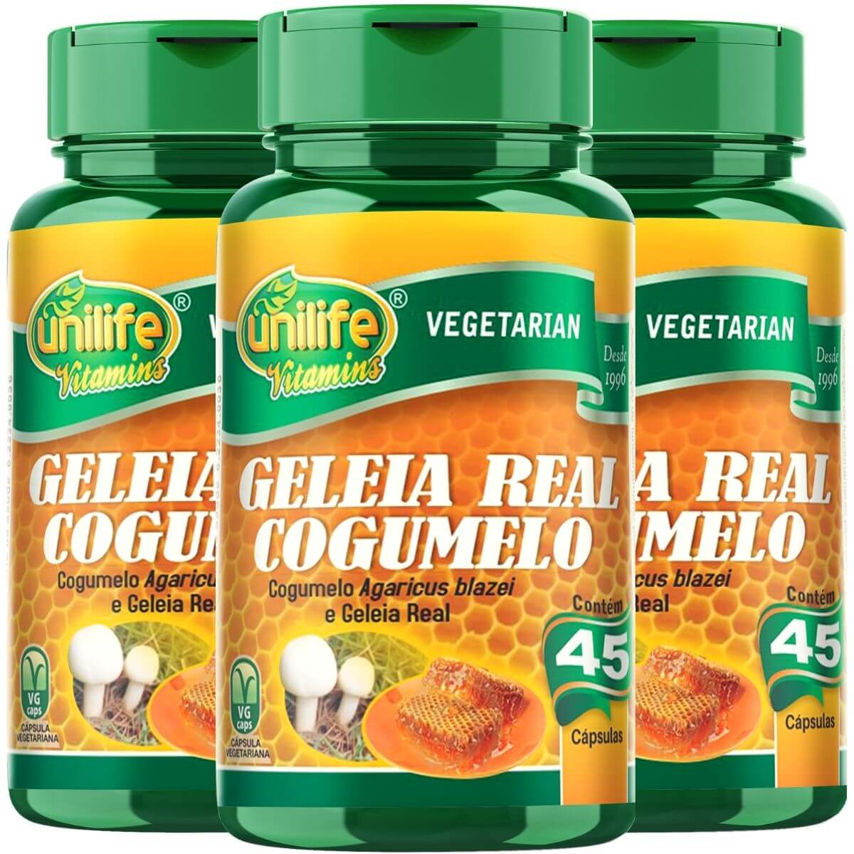 Kit 3 Geleia Real Cogumelo Unilife - 45 Cápsulas 780 mg