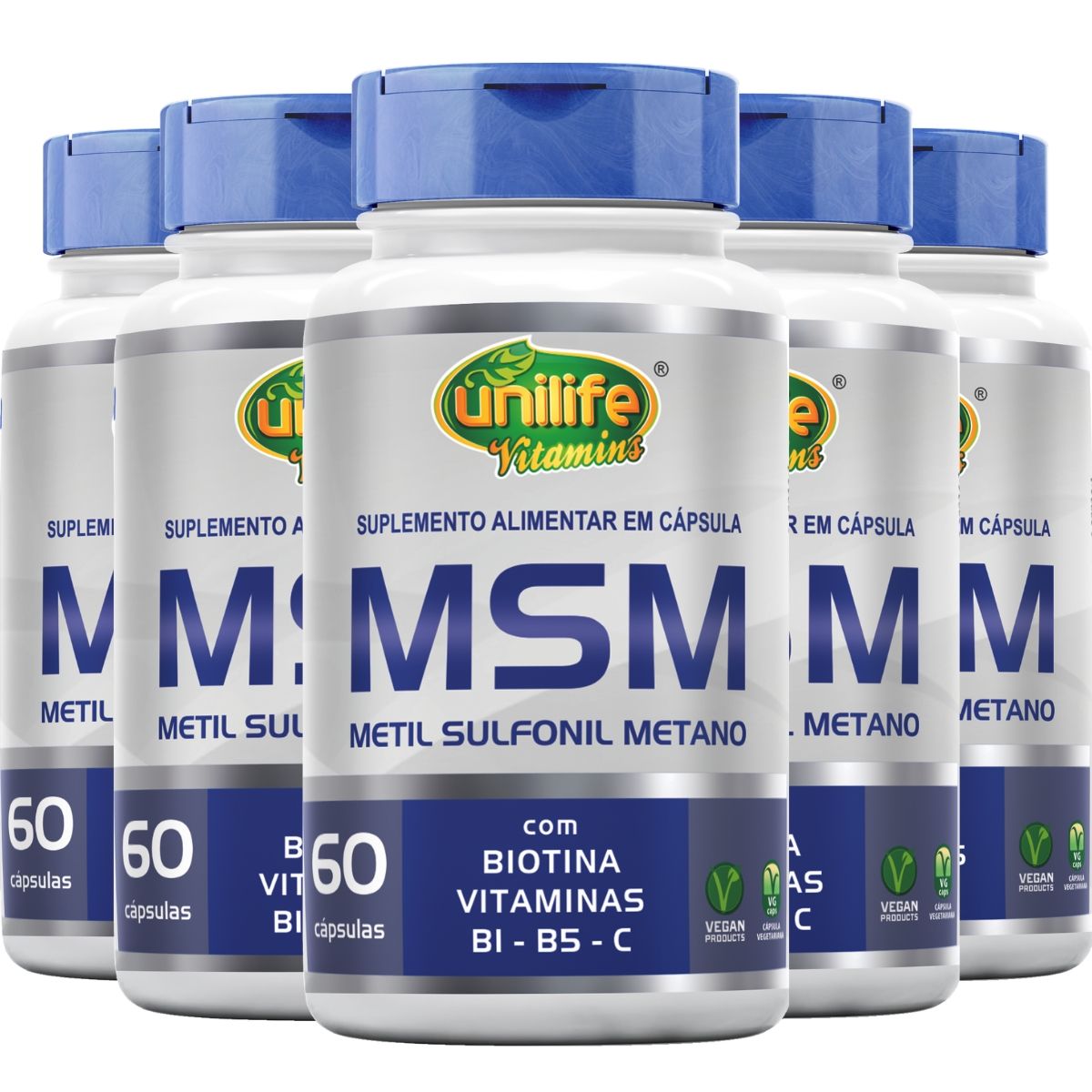 Kit 5 MSM - Metil Sulfonil Metano + Vitaminas 60 cápsulas 600mg - unilife