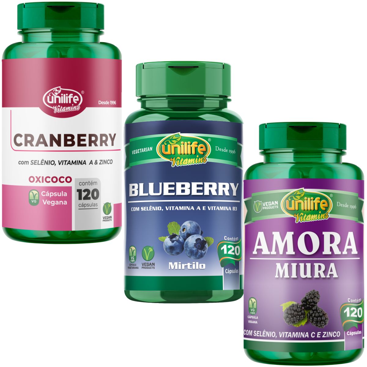 Kit Polifenóis - Amora Miura + Blueberry + Cranberry - Unilife 120 Cápsulas