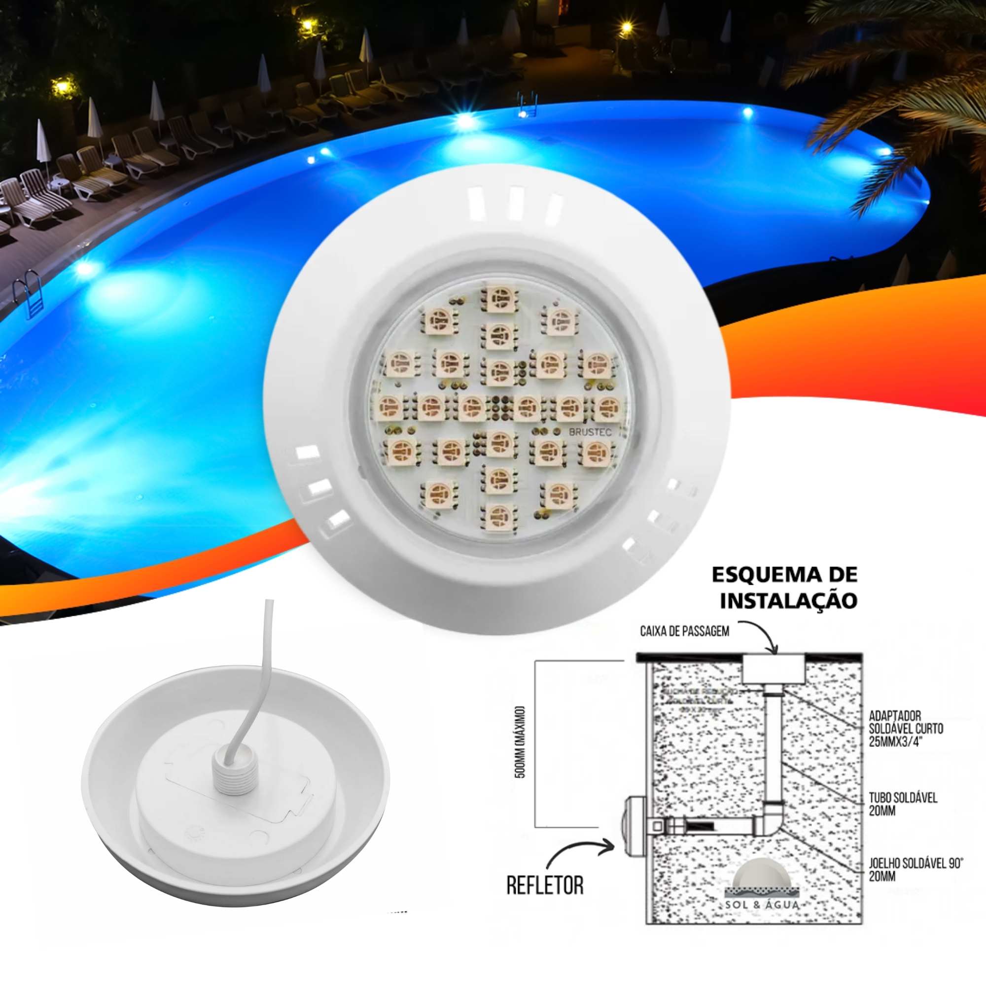 Refletor Power LED 5W ABS Cor da Luz Branca Luminária para Piscina  - Brustec  - Sol e Água Piscinas e Acessórios
