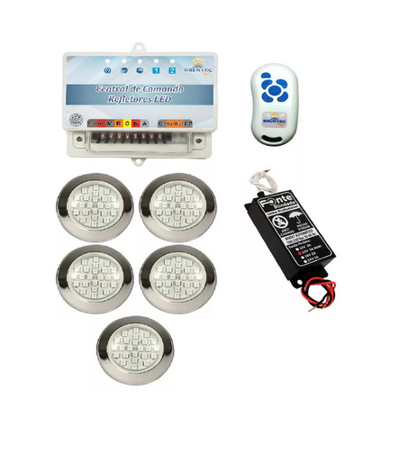 Kit Iluminação 5 Refletores 5W RGB Inox e Central Sonora - Brustec - Sol e Água Piscinas e Acessórios