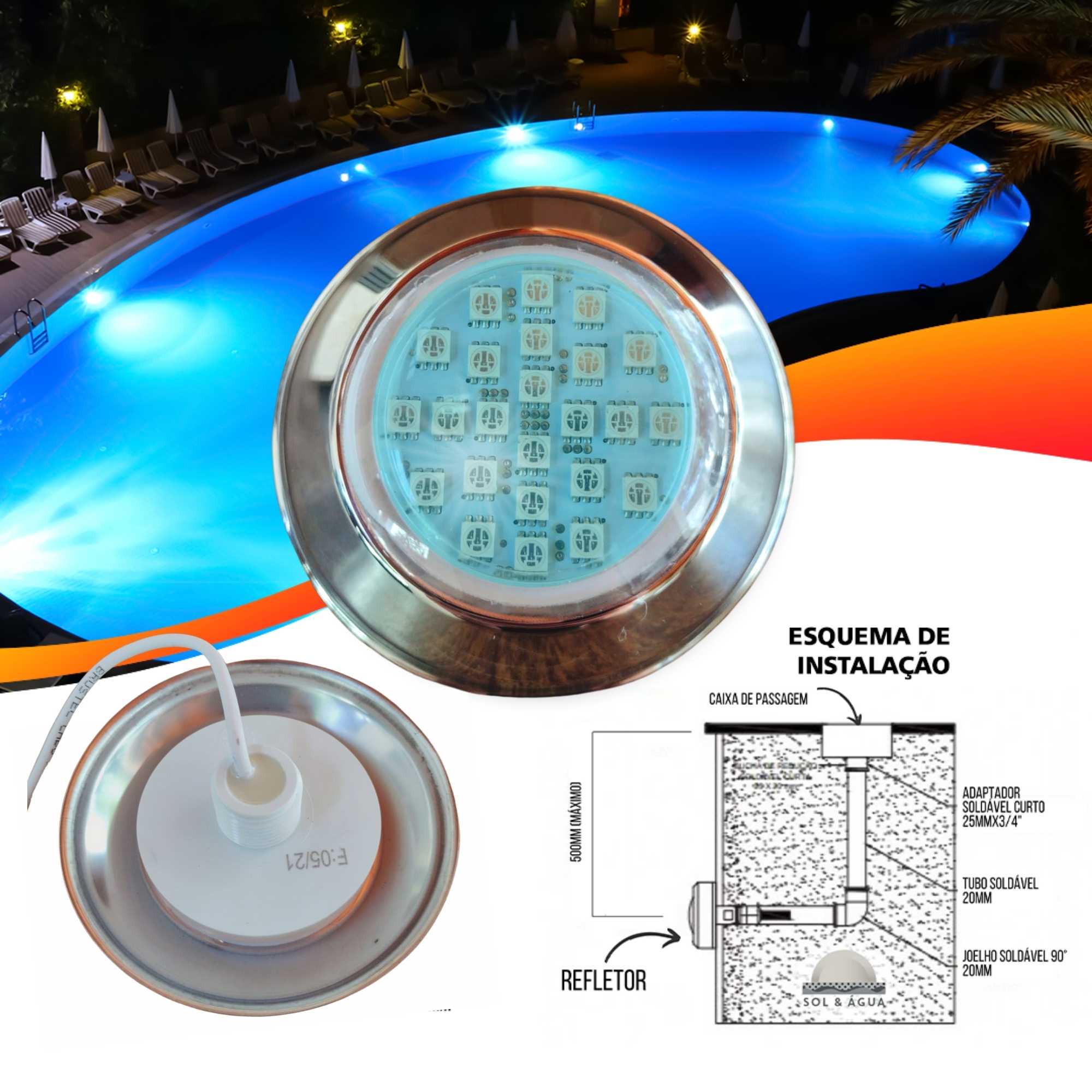 Refletor Power LED 5W Inox Cor da Luz Azul Iluminação para Piscina - Brustec - Sol e Água Piscinas e Acessórios
