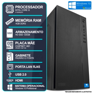 Computador Desktop, Intel Core I3 3º Geração, 4GB RAM, HD SSD 120GB, HDMI, Windows 10 Pro 64 Bits