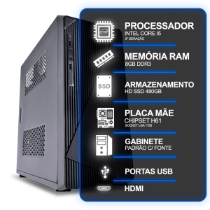 Computador Desktop, Intel Core I5 2º Geração, 8GB RAM, HD SSD 480GB, Conexões USB/VGA/HDMI/LAN/SOM