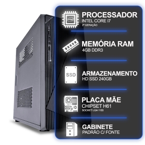 Computador Desktop, Intel Core I7 2º Geração, 4GB RAM, HD SSD 240GB, Conexões USB/VGA/HDMI/LAN/SOM