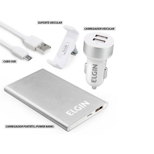 Kit Acessório Veicular, Cg. Portátil USB 3000mAh, Micro 1m, 2 saídas USB, Elgin - 46RKITCARRO0