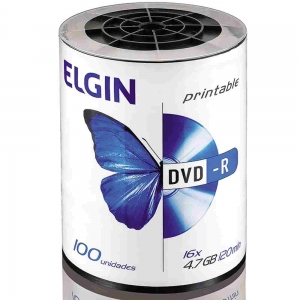 Mídia DVD-R Printable 16X, 4.7GB / 120 Minutos, Contém 100 Unidades, Elgin - 82068
