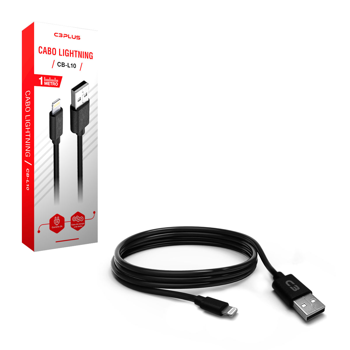 Cabo USB-USB Lightning C3Plus CB-L10BK, Preto, 1m, 2A