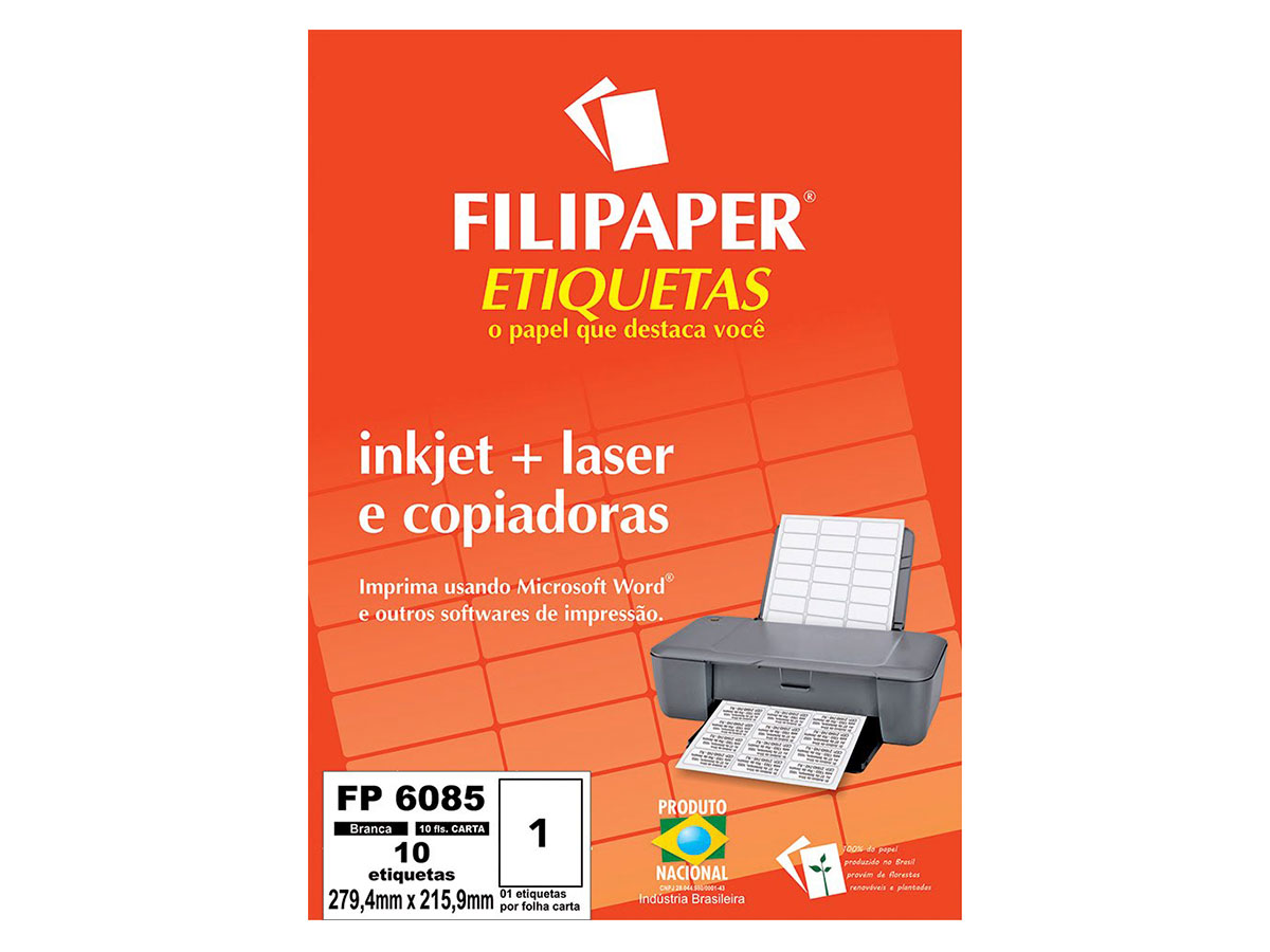 Etiqueta FP 6085 Inkjet+Laser, 279,4 X 215,9 mm, 10 Etiquetas, 10 Folhas, Filipaper - 04427