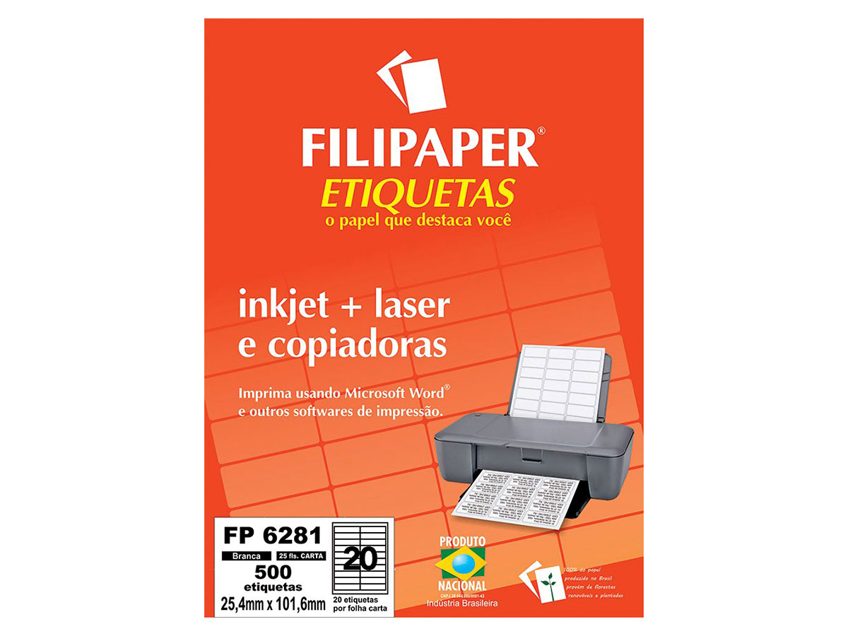 Etiqueta Inkjet+Laser FP 6281, 25,4X101,6mm, 20 ETIQ. P/ FL / 500 ETIQ / 25 FL/ Filipaper - 04414