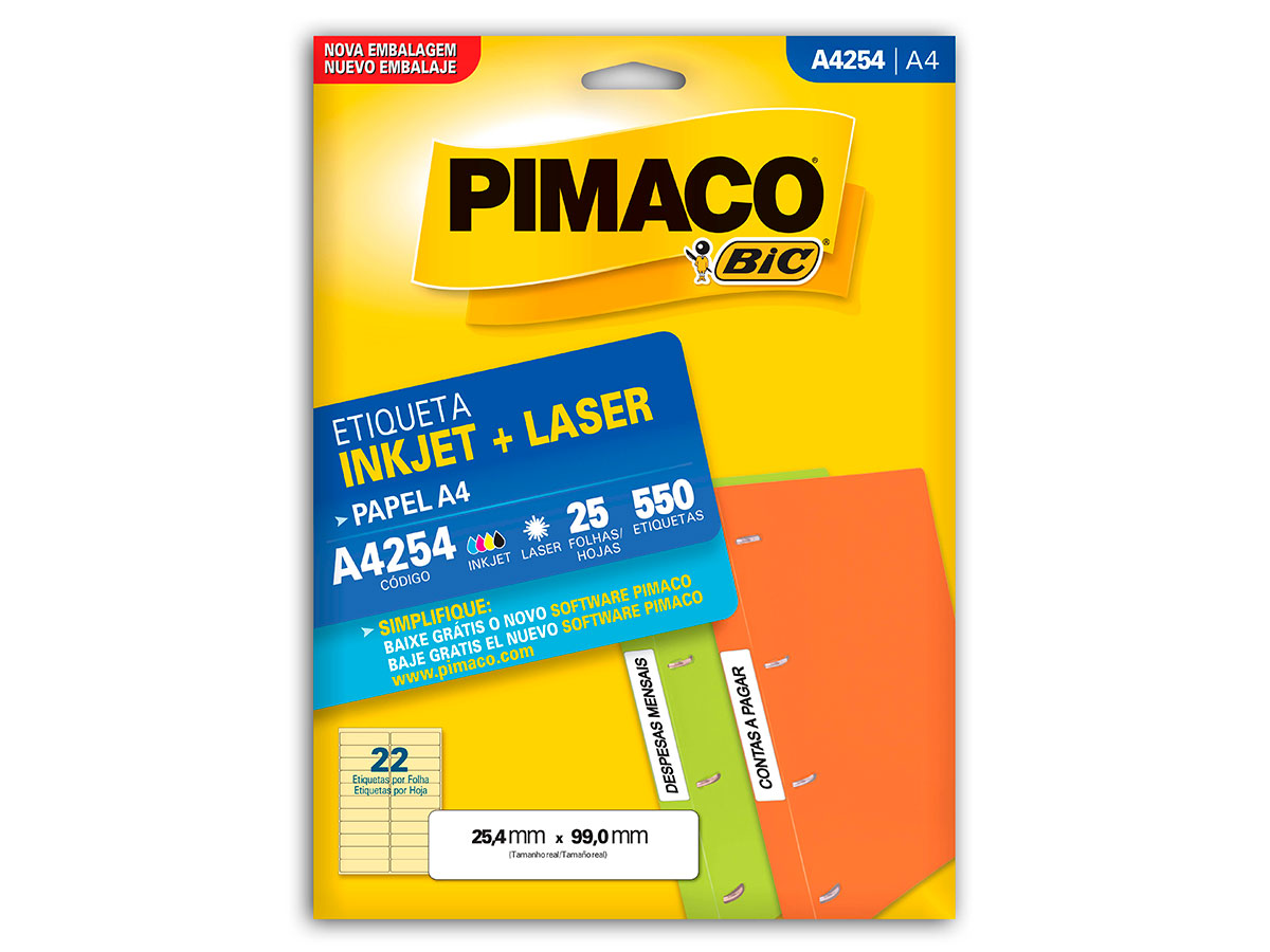 Etiqueta Inkjet + Laser, Papel A4 A4254, Contém 550 Etiquetas, 25 Folhas, Pimaco - 874996