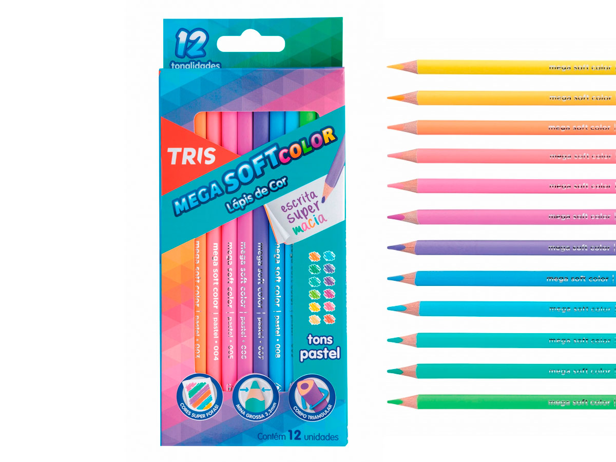 Lápis de Cor Mega Soft Color Tons Pastel, Caixa c/ 12 Cores - Tris - 687841