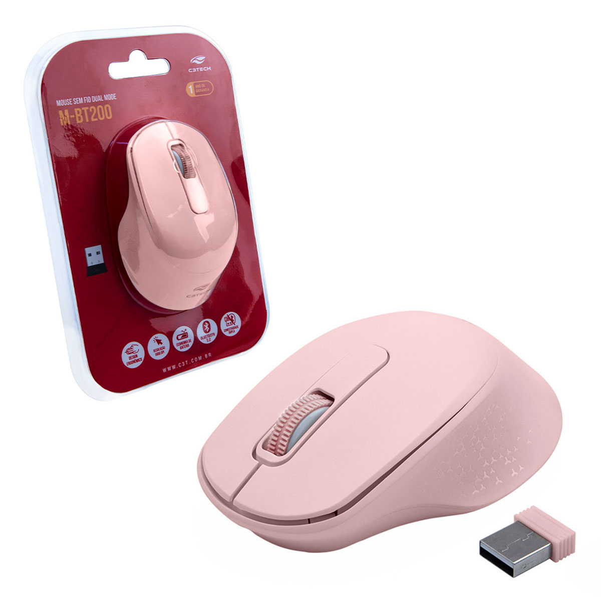 Mouse C3Plus M-BT200PK, WiFi 2.4GHz, Bluetooth, Receptor Nano USB, 1600DPI, Rosa