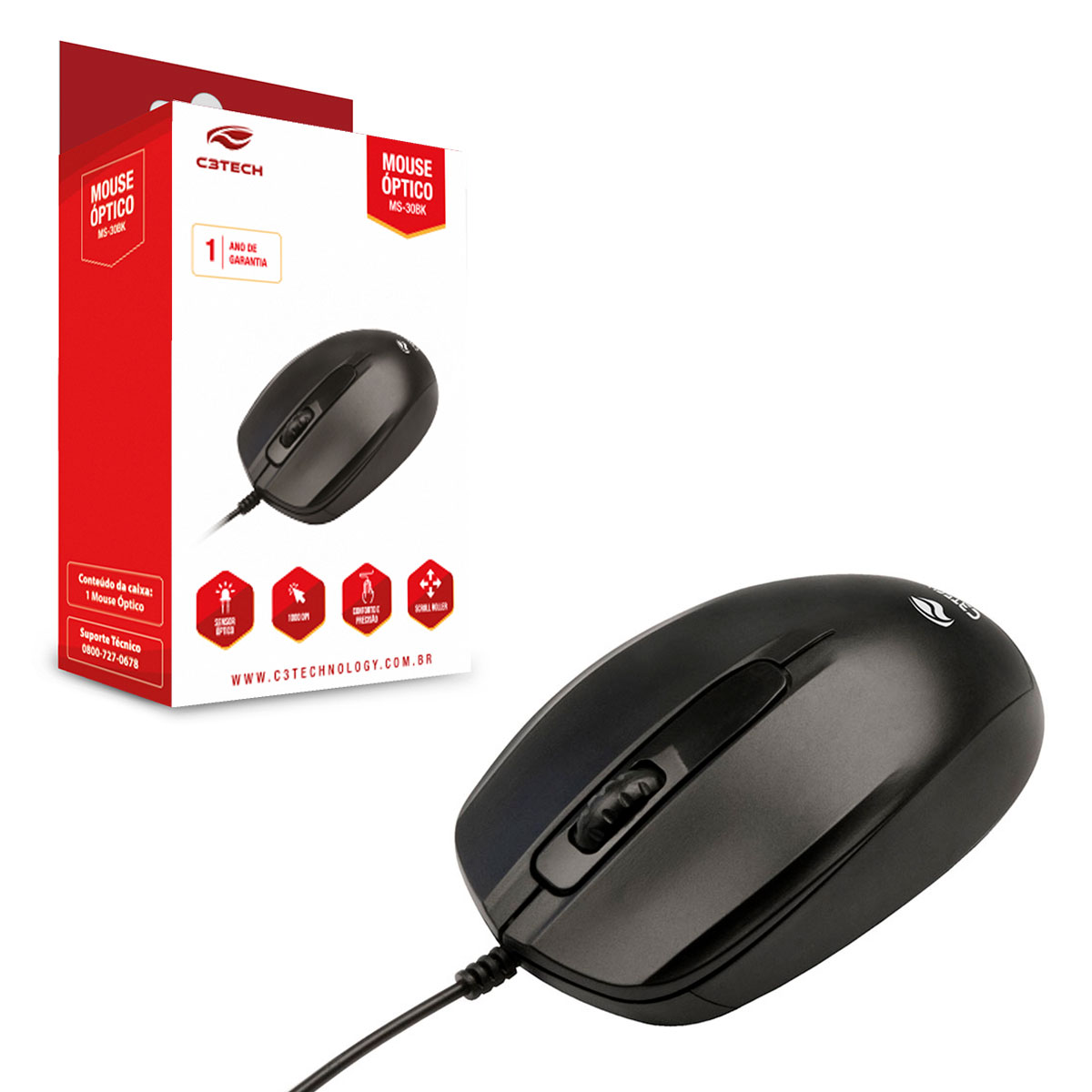 Mouse C3Tech MS-30BK, USB, 1000 DPI, Preto