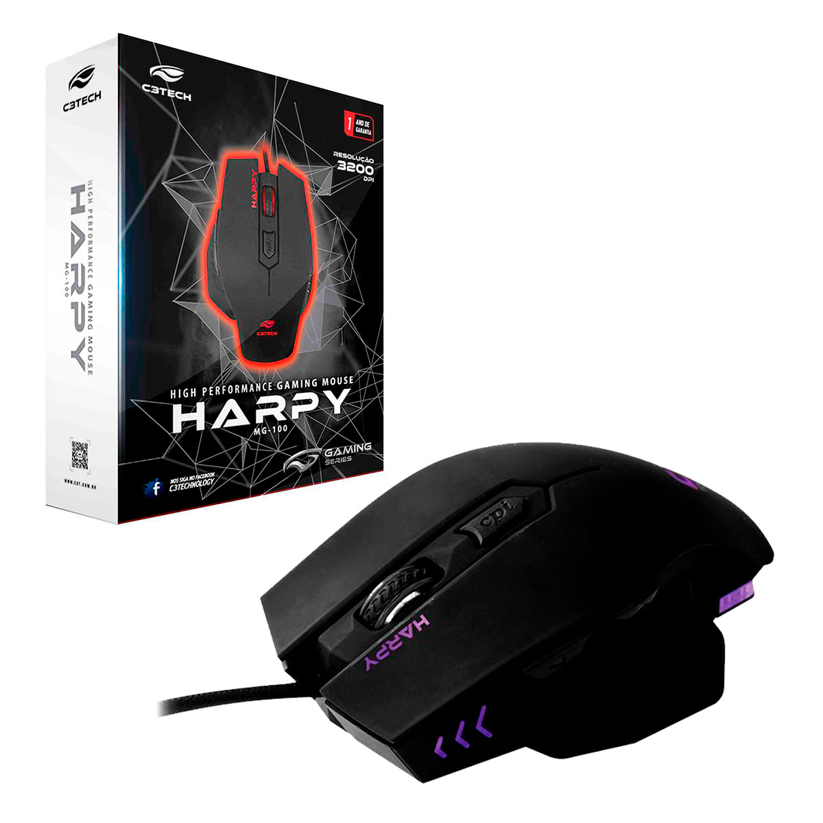 Mouse Gamer C3Tech Harpy MG-100BK, USB, 3200DPI, Preto