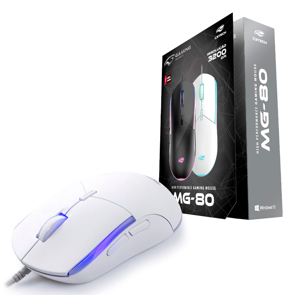 Mouse Gamer C3Tech MG-80WH, USB, RGB, 3200DPI, Branco