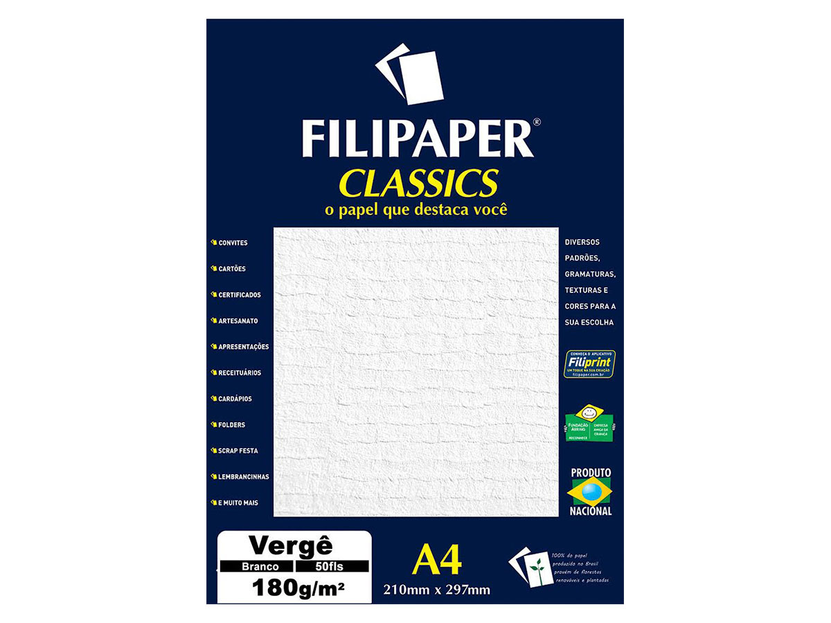 Papel Vergê Classics A4, 180 g, 50 Folhas, Filipaper - Branco - 00979