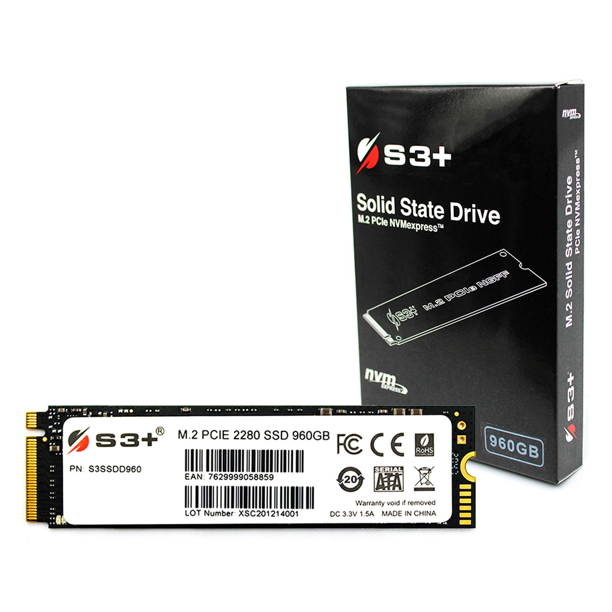 SSD 960GB S3+, M.2 2280 NVMe 1.3, PCIe Gen 3x4, Leitura 2000 MB/s, Gravação 1600 MB/s - S3SSDD960