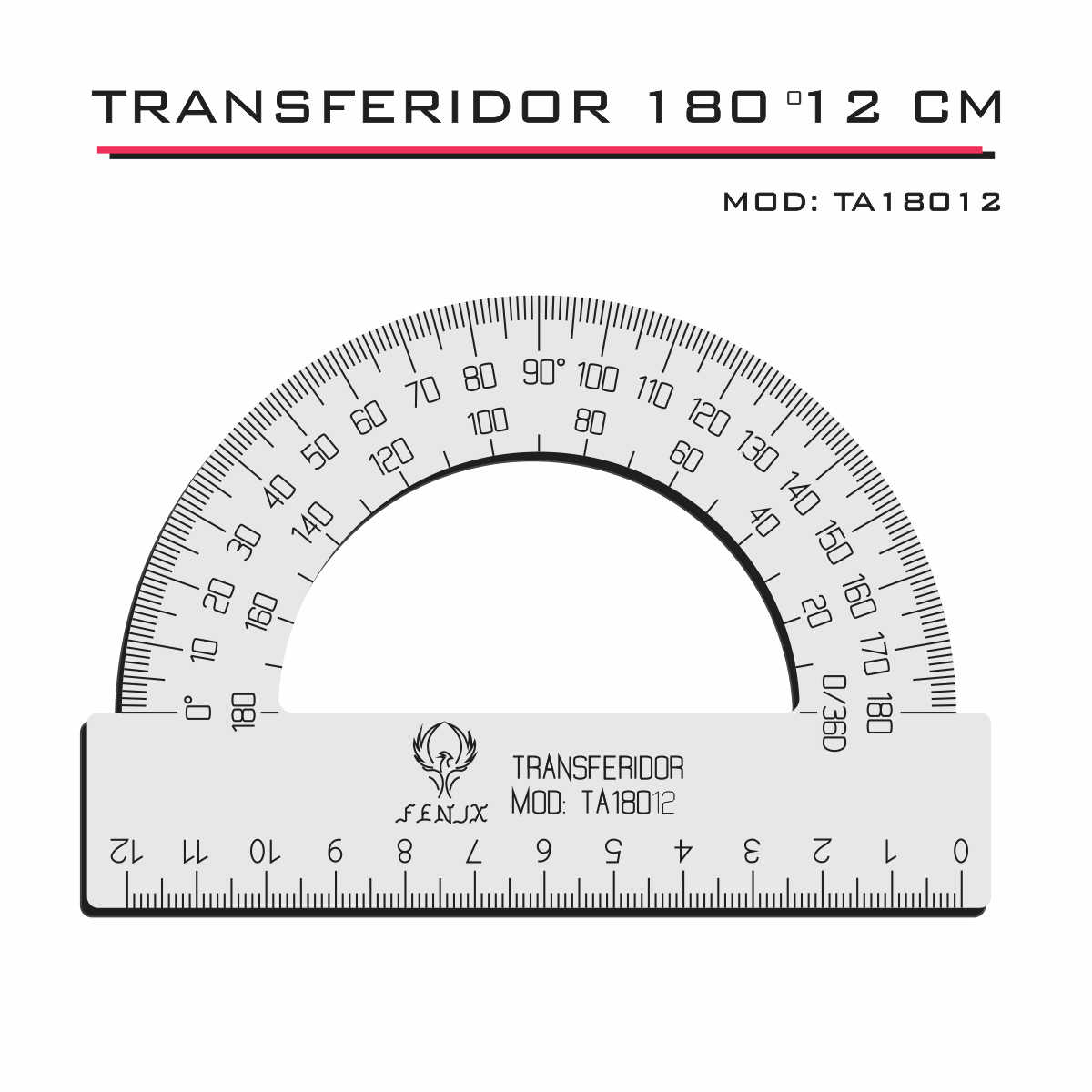 Régua Transferidor  Acrílica 180º 12 cm Transparente Desenho Técnico Fenix