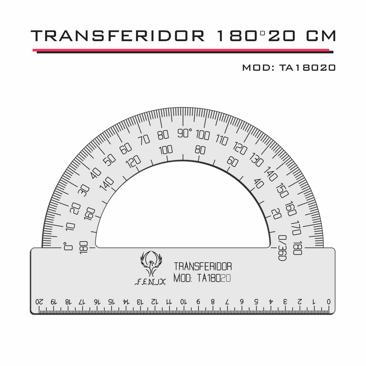 Transferidor  180 20cm Acrílico Transp Desenho Técnico Fenix