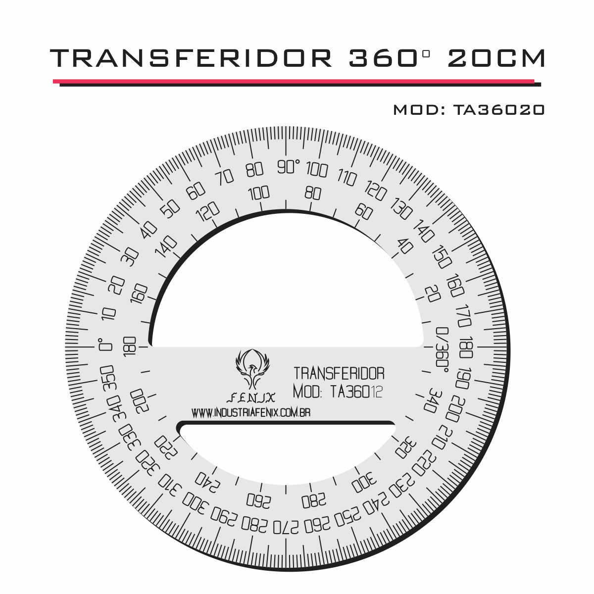 Transferidor  360 20cm Transp Acrílico Desenho Técnico Fenix