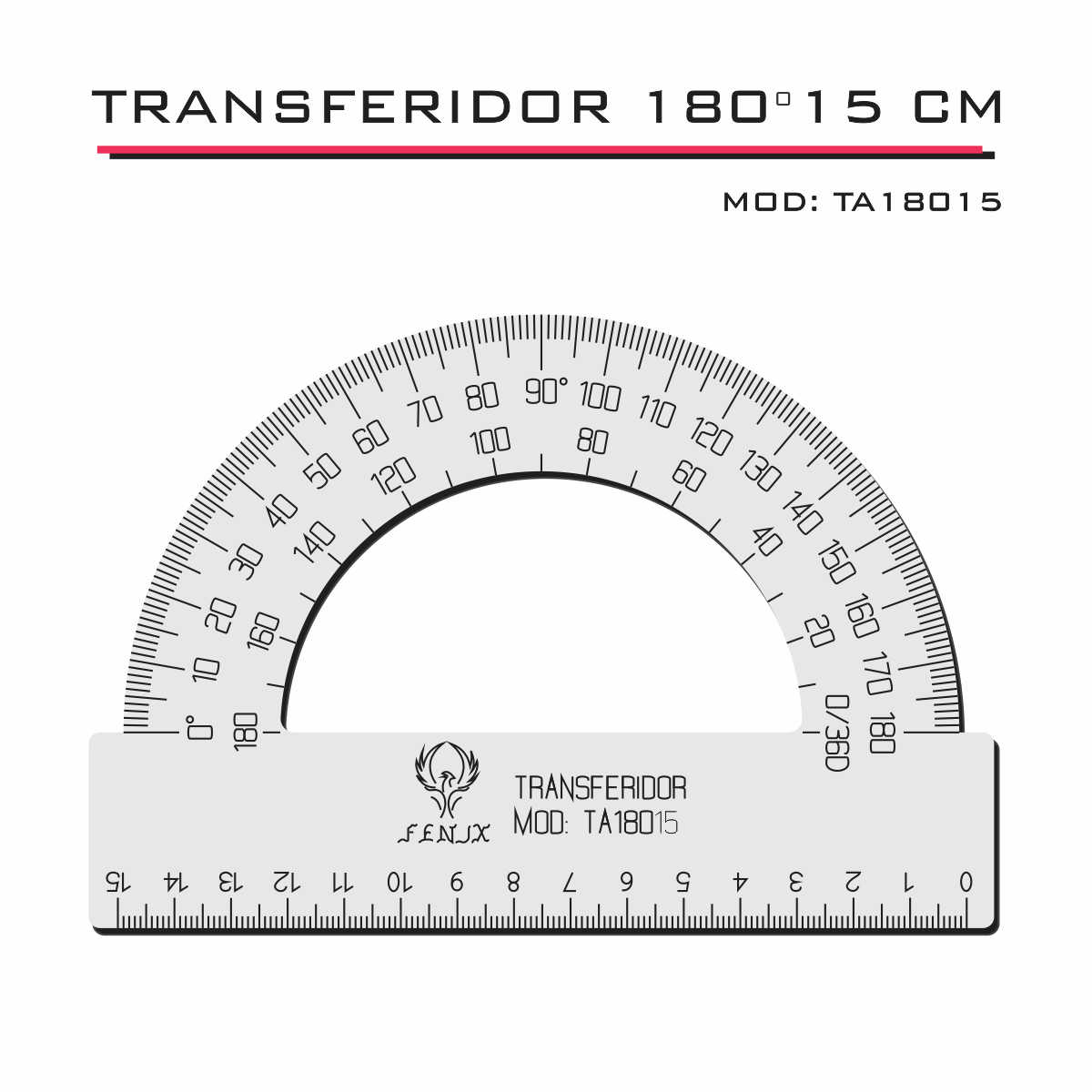 Transferidor  Acrílico 180 15cm Transp Desenho Técnico Fenix