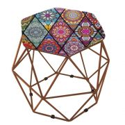 Puff Aramado Bronze Assento Hexagonal Suede Mandala Vermelho - DS Móveis